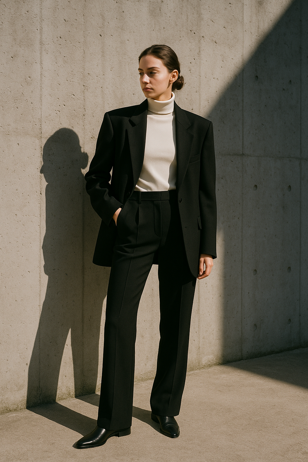 Full-body portrait of a model in an oversized structured blazer, white turtleneck, and tailored trousers. Standing against a raw concrete wall, one hand in pocket, gazing sideways. Harsh daylight, crisp shadows, editorial photography, 35mm lens, Vogue-style minimalism.
