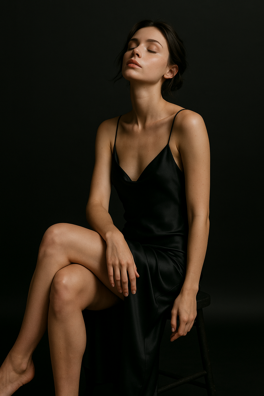 Studio portrait of a model in an all-black silk slip dress, seated on a low stool, legs crossed, head tilted slightly back with eyes closed. Soft diffused lighting, matte black backdrop, cinematic 50mm lens, moody editorial look.