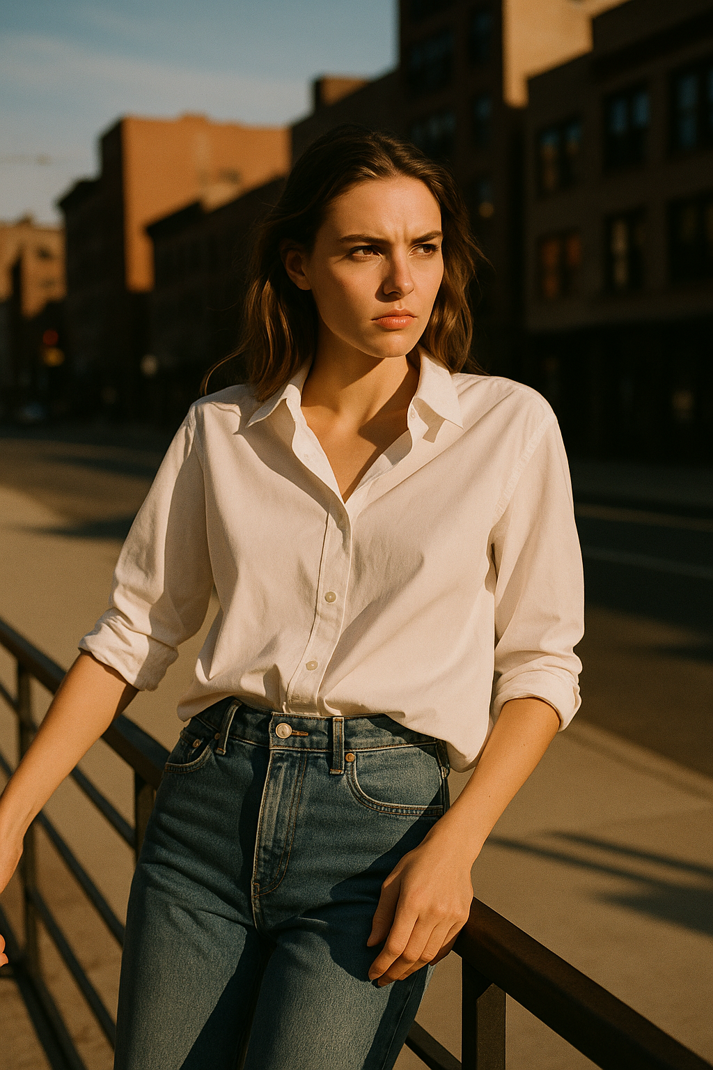 A model in a crisp white shirt half-tucked into high-waisted jeans, leaning casually against a metal railing. Golden hour sunlight casting sharp shadows across a cityscape. Street fashion editorial, candid style, 35mm lens, natural tones.