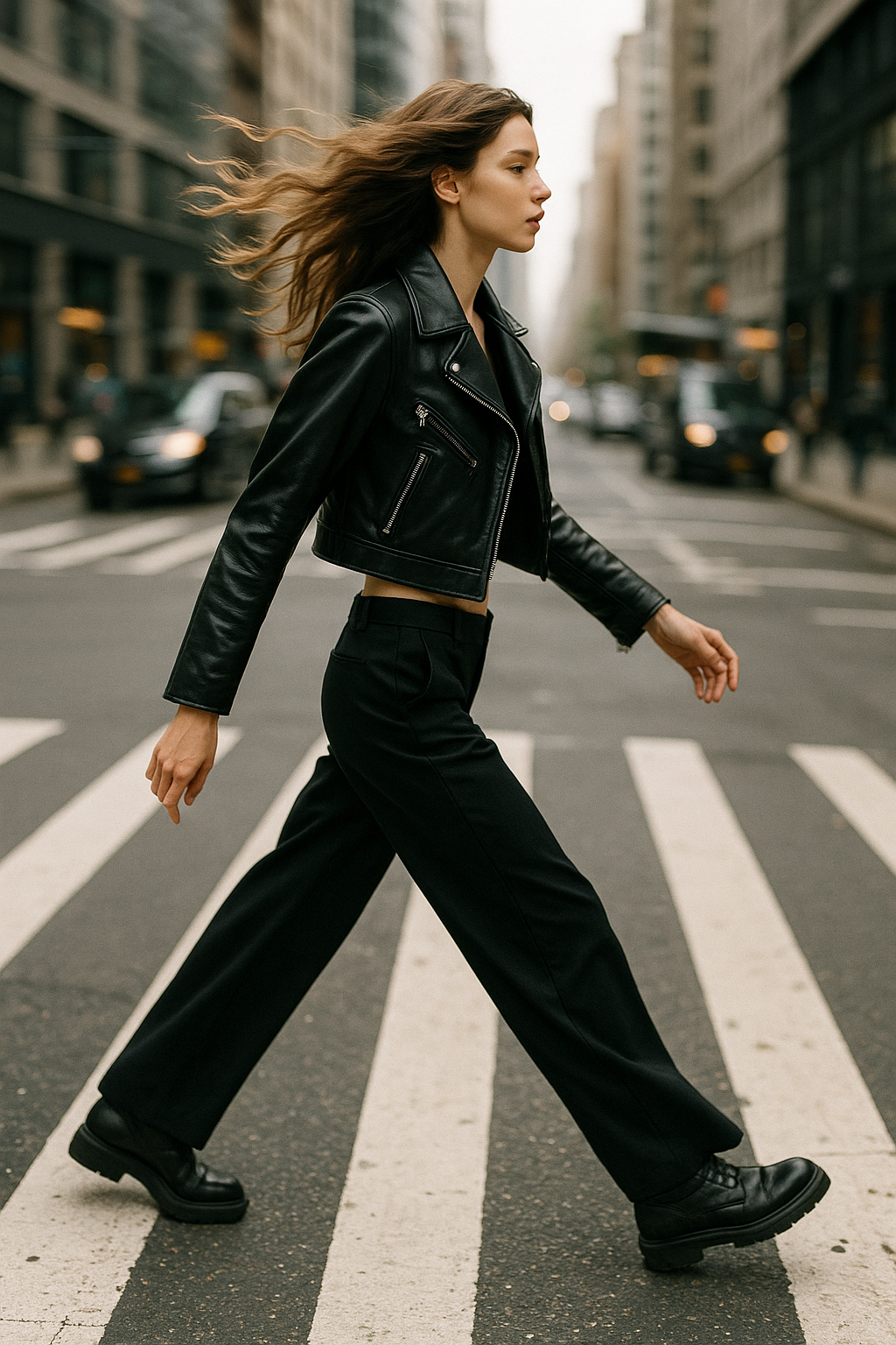 A model mid-step at a crosswalk, wearing a cropped leather jacket and wide-leg trousers. Hair flowing naturally, blurred urban background. Street-style photography, dynamic motion blur, natural daylight, 28mm wide angle lens.