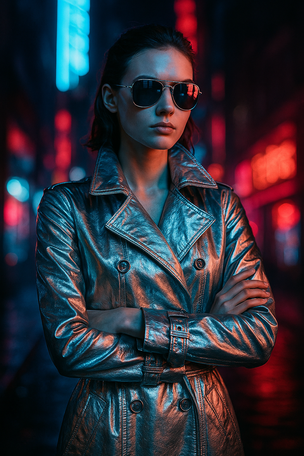 Editorial shot of a model in a metallic silver trench coat, arms crossed, reflective sunglasses on. Neon city lights glowing in the background. Night scene, cyberpunk aesthetic, cinematic photography, 50mm lens, high contrast lighting.