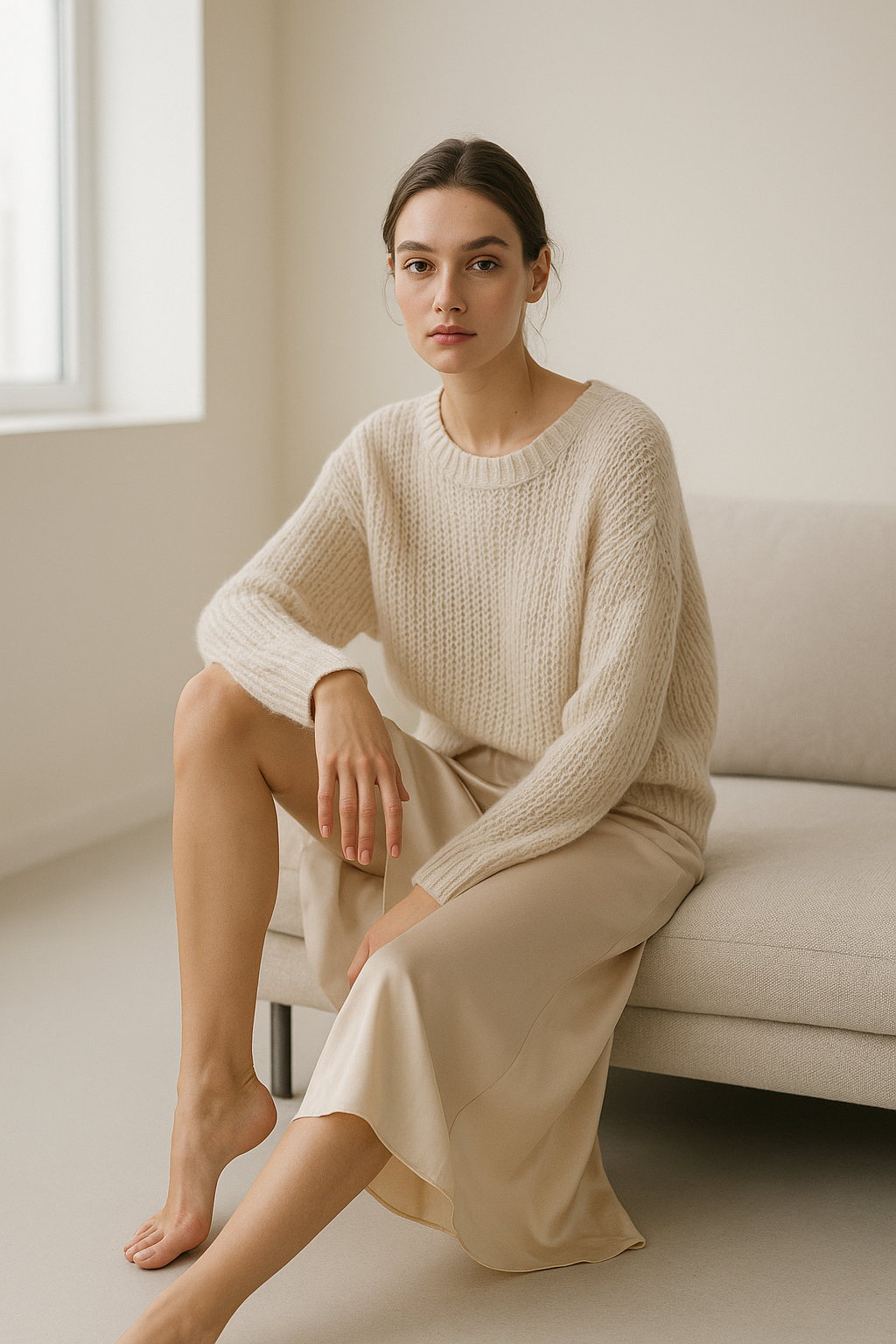 A model in a loose-knit sweater and satin skirt, sitting on the edge of a low sofa, one leg bent up. Minimalist studio with soft neutral tones. Natural window light, high-resolution fashion editorial, 85mm lens, airy composition.