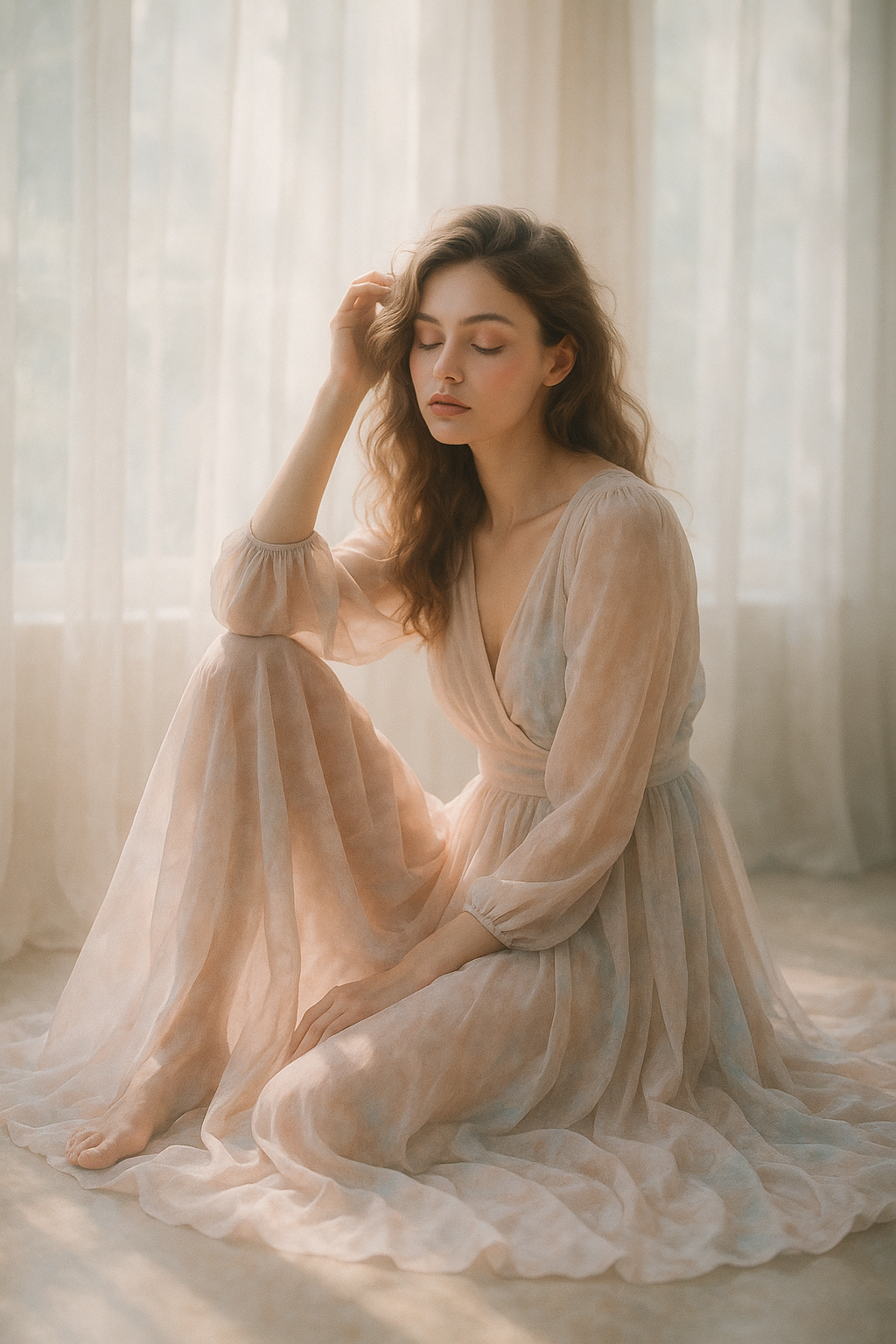 A model in a flowing pastel maxi dress, seated on the floor with one knee bent, sunlight filtering through sheer curtains. Dreamy atmosphere, airy tones, soft focus. Fine-art fashion photography, 85mm lens, pastel color grading.