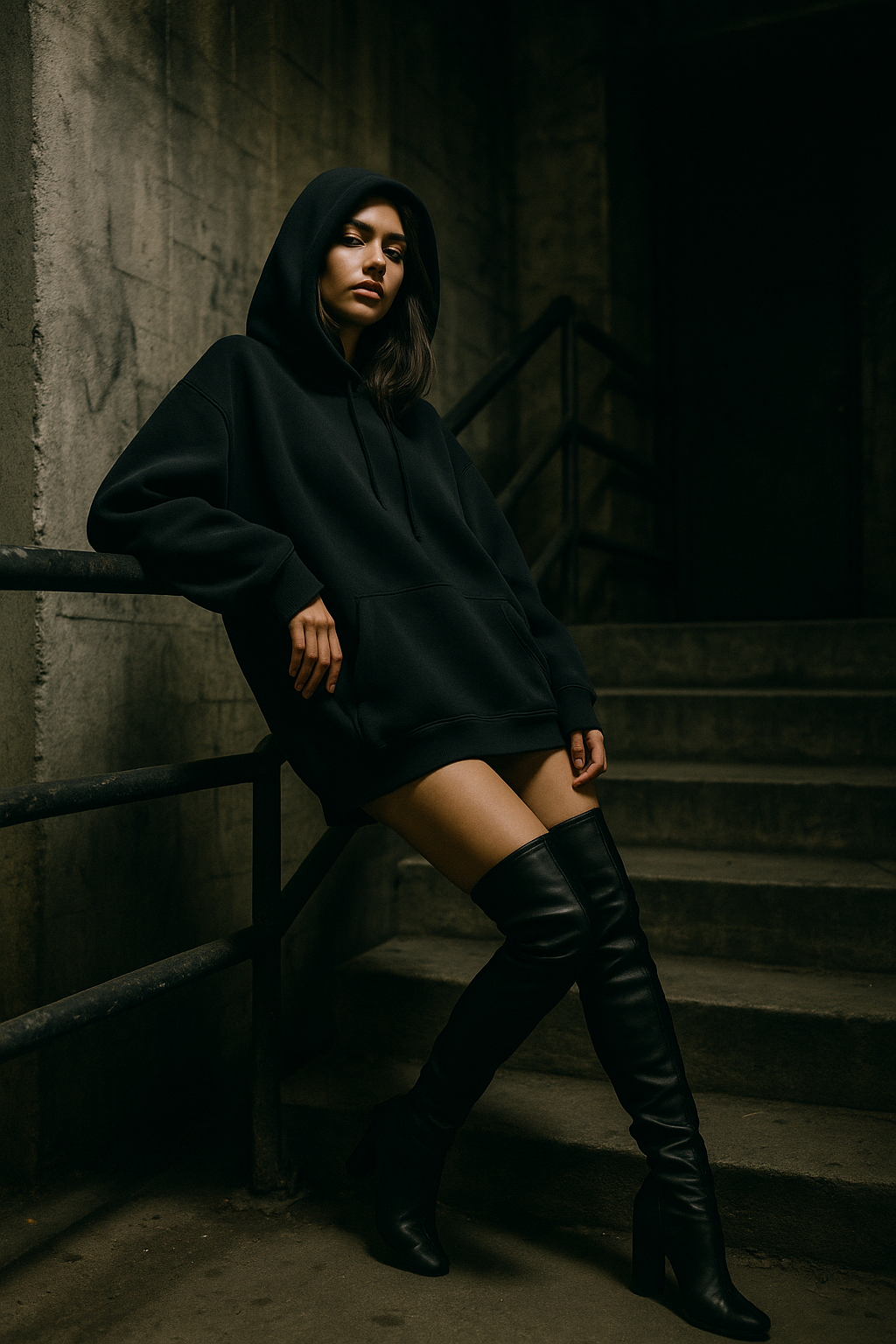 A model in an oversized hoodie with thigh-high boots, leaning back casually on a stairwell railing. Gritty urban background, cinematic shadows. Street fashion editorial, 35mm lens, moody low-light tones.