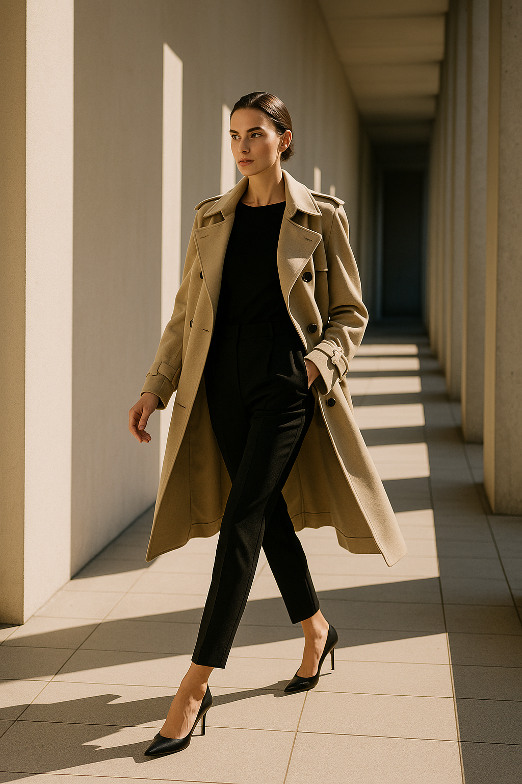 A trench coat draped over shoulders, cigarette pants, and pointed heels. Model walking purposefully along a sunlit corridor with architectural lines. Clean composition, architectural fashion editorial, 50mm lens, strong natural light.